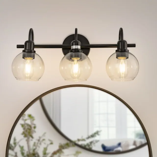 DORESshop Black Metal Bathroom Vanity Light, 3-Light Wall Sconce with Clear Round Glass Shade, E26 No Bulbs Included, for Bathroom, Bedroom