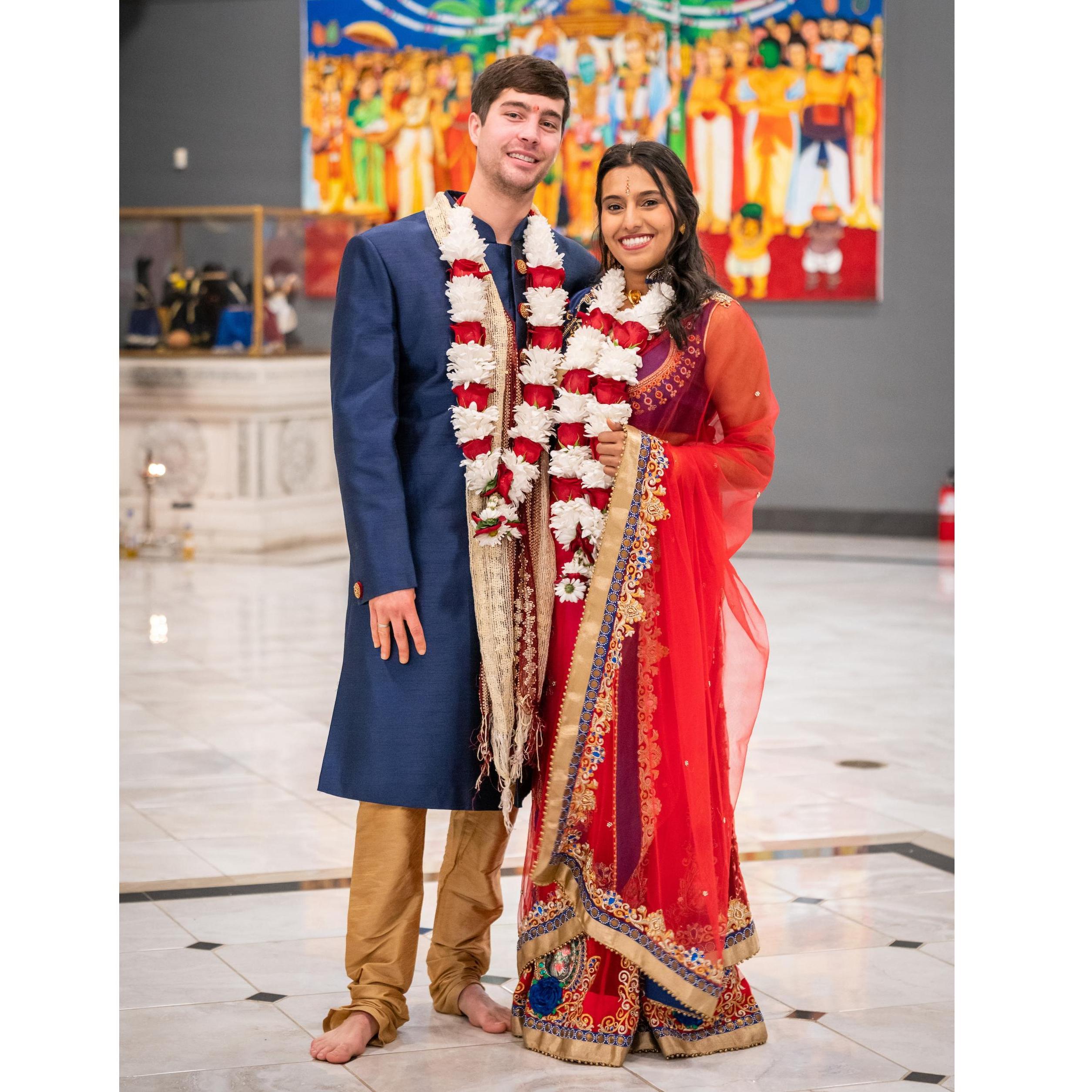 At the Hindu Temple. Tim looks good in Indian clothes!