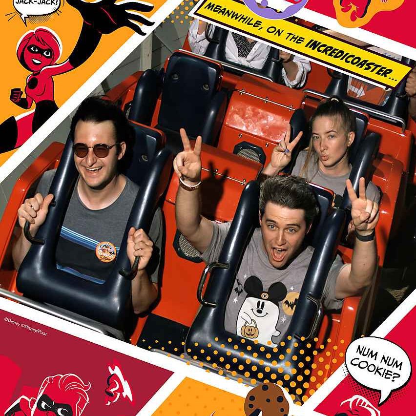 Enjoying the Incredicoaster at Disneyland, featuring best man Drew.