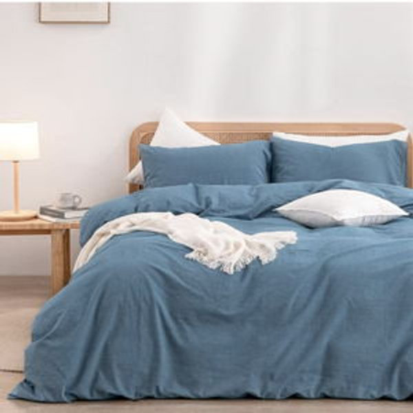 BESTOUCH Duvet Cover Set 100% Washed Cotton Linen Feel Super Soft Comfortable Chic Lightweight 2 PCs Home Bedding Set Solid Dark Blue Twin/Twin XL