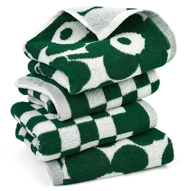 Soft Hand Towels for Bathroom Checkered and Sun Floral - 2 Styles 4 Pack Cotton Hand Towel Set - Dark Green