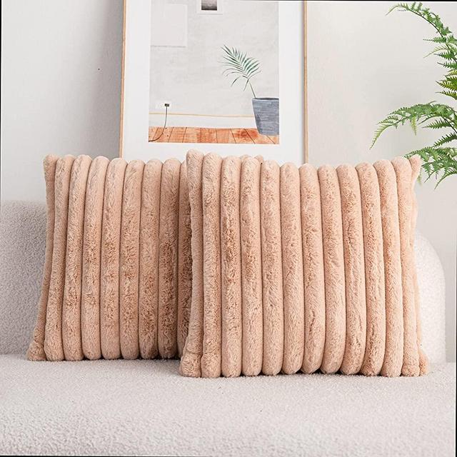 DEELAND Pack of 2 Faux Fur Plush Decorative Throw Pillow Covers Fuzzy Striped Soft Pillowcase Cushion Covers for Sofa Couch Bedroom 22x22 inch