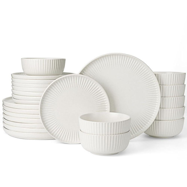 Famiware Starlight Stoneware Dinnerware Sets, Plates and Bowls Dishes Set for 8 (24 Pieces), Ridge Textured Tableware - Dishwasher & Microwave Safe, Chip Resistant, Reactive Glaze, Matte White