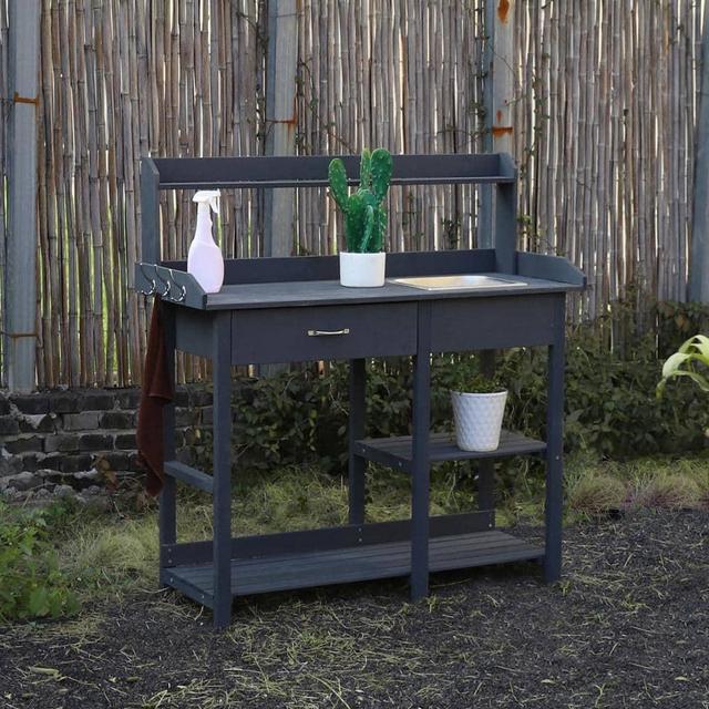 Wooden Garden Potting Bench Table Workstation with Removable Stainless Sink and Drawer, Dark Grey