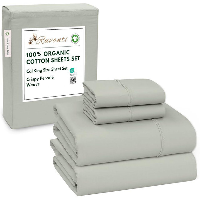 RUVANTI 100% Organic Cotton Sheets California King, Percale Weave, GOTS Certified, 4-Piece Set, Deep Pocket 13", Crisp & Breathable, Soft Durable Bedding, Sábanas Algodón Orgánico – Mineral Gray