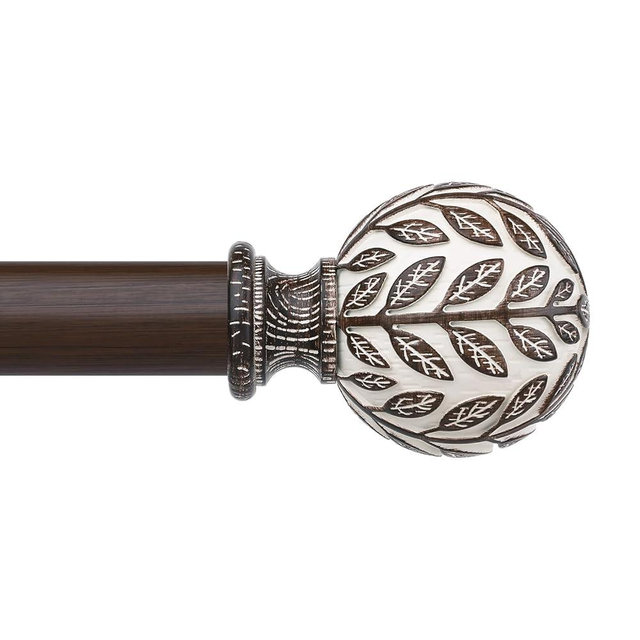 Wolistsa Walnut Wood Curtain Rod 36-122 Inch, Boho Decorative 1 Inch Rustic Curtain Rod for Farmhouse Window, Adjustable Heavy Duty Long Vintage Window Treatment Rods, Imitation Wood Grain Leaf Finial