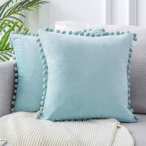 Top Finel Decorative Throw Pillow Covers for Couch Bed Soft Particles Velvet Solid Cushion Covers with Pom-poms 18 x 18 Inch 45 x 45 cm, Pack of 2, Light Blue