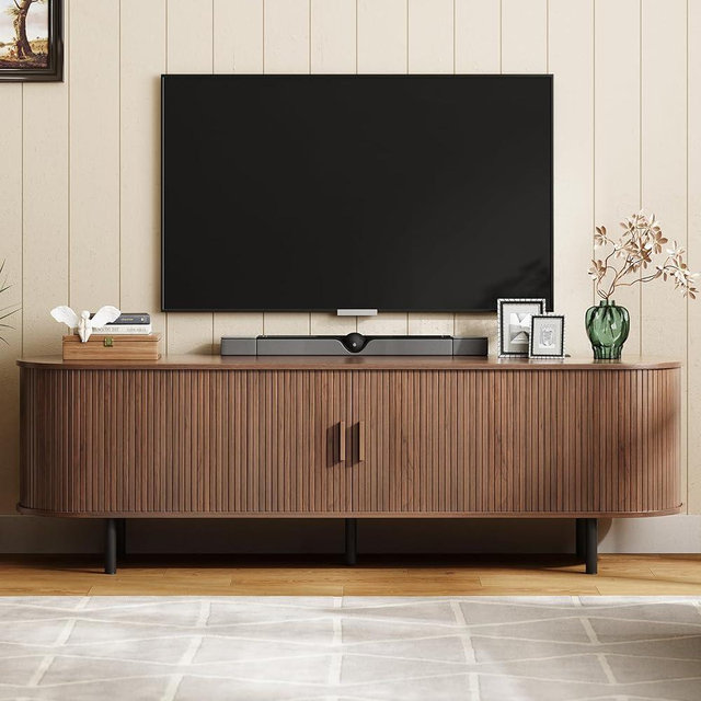 ONBRILL 70.8" TV Stand with Power Outlet for TVs up to 75 Inch, Entertainment Center with Storage and Adjustable Shelves, Modern Media Console with Sliding Doors for Living Room, Walnut