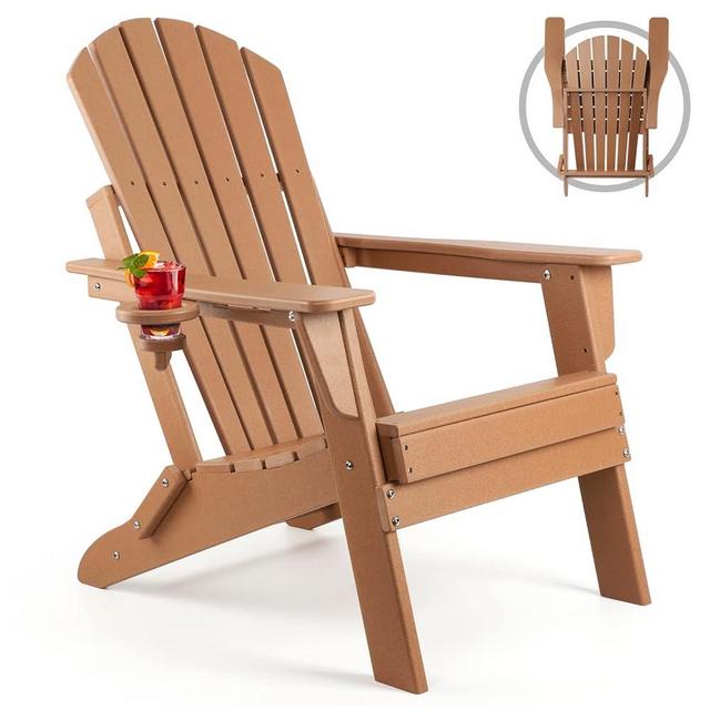FUNBERRY Folding Adirondack Chair, Fire Pit Chairs, Plastic Adirondack Chairs Weather Resistant with Cup Holder, Composite Adirondack Chairs, Brown