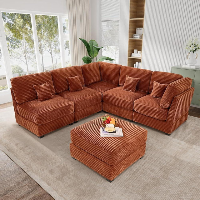 Comfyouroom Modular Sectional Sofa Cloud Couch, Convertible Sleepr Cloud Corduroy Couch Sectinals, U Shaped 6 Seaters Modern Comfy Fluffy Sectional Couches for Living Room, Free Combination, Orange