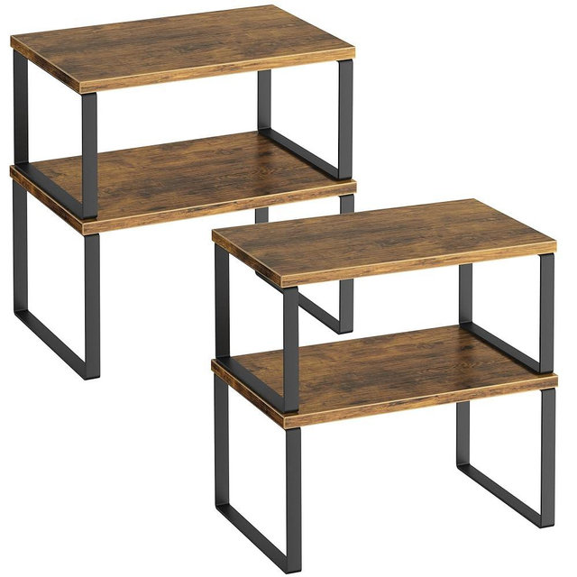 Kitchen Cabinet Organizer Shelf Set of 4, Sturdy Kitchen Counter Shelves with Metal Legs, Stackable Expandable Wood Spice Rack Pantry Cupboard Dish Mug Cup Storage Organizer Shelf, Rustic Brown