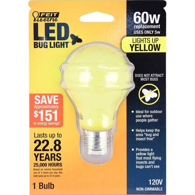 FEIT Electric A19/BUG/LED Non-Dimmable Led Bug Light, 5 W, 120 V, 400 Lumens, 2.35 In Dia, 4" H x D, Yellow