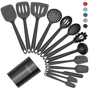 Coukre Silicone Kitchen Cooking Utensils Set with Holder – Heat-Resistant, Food-Grade Kitchen Tools, Spatula, Spoon & Gadgets for Non-Stick Pans, Dishwasher Safe (14, PureBlack)