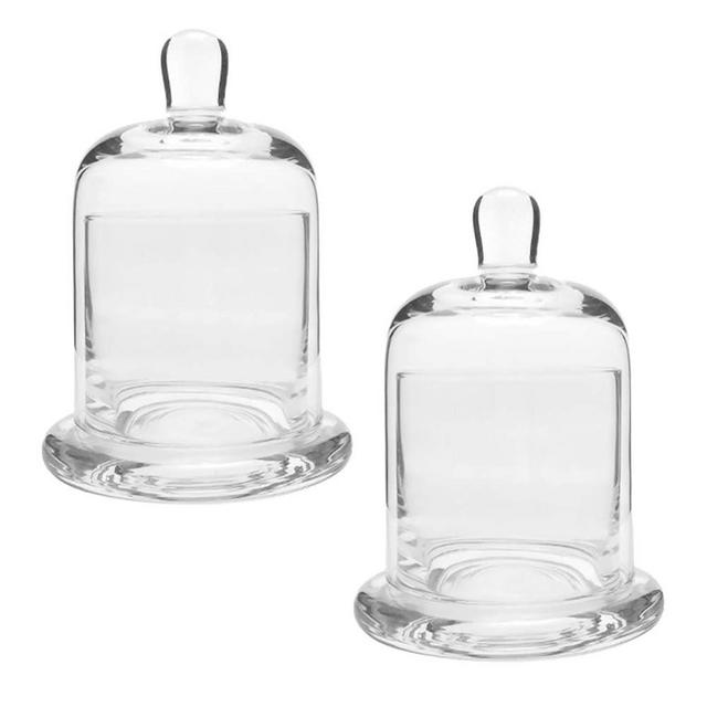 2 Sets Glass Candle Holder with Dome Cloche Clear Glass Jar Tabletop Display Case Mini Cake Stand Vintage Tealight Holder Glass Cloche for Home Wedding Table Decoration Centerpiece 12.8cm