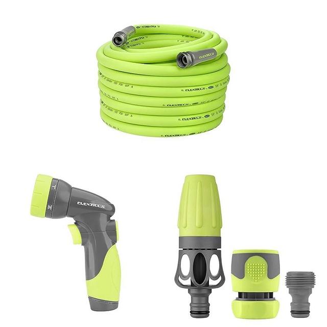 Flexzilla Garden Hose 5/8 in. x 100 ft., Heavy Duty, ZillaGreen & 6-Pattern Adjustable Garden Hose Nozzle - NFZG64 & Garden Hose Nozzle Kit, 3-Piece - HFZGAK01