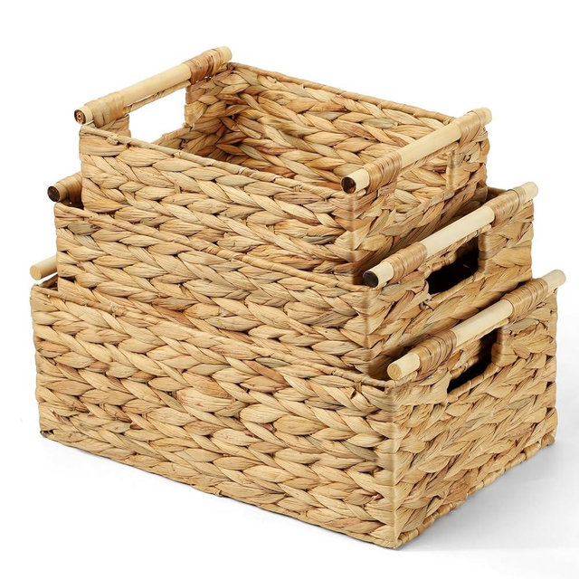 Wicker Storage Baskets for Organizing 3 Pack,Natural Water Hyacinth Ratten Baskets with Wooden Handles, Decorative Handwoven Storage Baskets for Shelves, Bathroom, Pantry or Kitchen