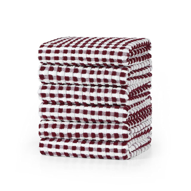 SALAS Cotton Dish Towels Cloths for Kitchen Drying Dishes, Lattice Terry Kitchen Towels, Absorbent Cloths with Hanging Loop, 16‘’ x 26‘’, 6 Packs, Wine Red