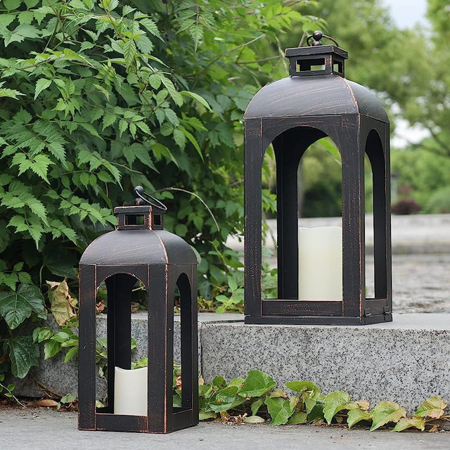 DECORKEY Luxury Outdoor Lantern Decorative, Set of 2 (17’’&13’’) Metal Candle Lanterns, Vintage Hanging Candle Holder for Front Porch Patio Wedding Party Rustic Farmhouse Home Decor