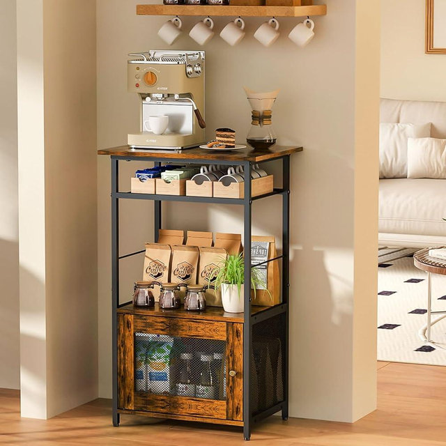 X-cosrack Coffee Bar Station, 3-Tier Small Stand With Storage, Farmhouse-Style Buffet and Sideboard Cabinet Featuring 1-Door for Living Room, Entryway, Kitchen