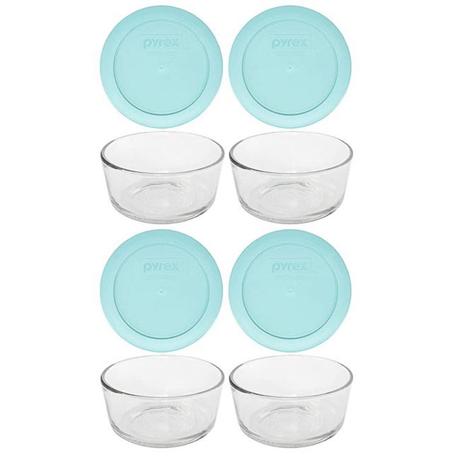 Pyrex (4) 7202 Glass Bowls & (4) Pyrex 7202-PC Turquoise Lids