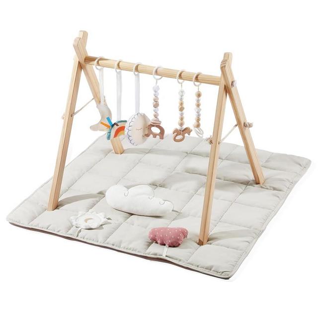 Baby Gym with Mat, Wooden Play Gym with 9 Sensory Toys, Foldable Baby Play GymFrame Activity Center, Natural Pine Wood, Montessori Toys, Easy to Assemble & Clean, Natural Color