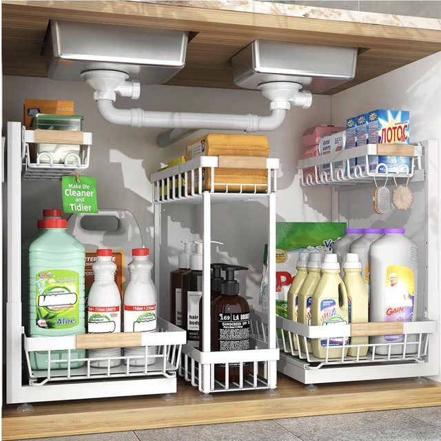 3 Pack Under Sink Organizer, Height Adjustable 2 Tier Pull-Out Metal Under Kitchen Sink Organizer, Multi-Purpose Storage Shelves for Kitchen Bathroom Cabinet (Black)