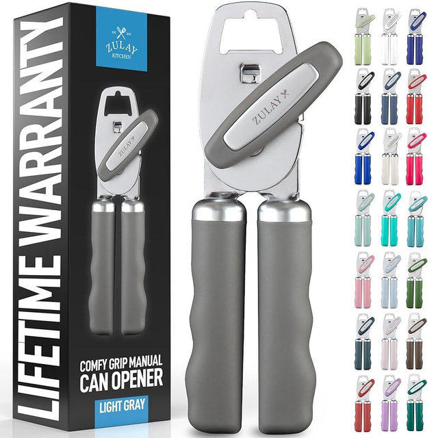 Zulay Kitchen Heavy Duty Stainless Steel Can Opener Manual with Bottle Opener - Rust Proof Manual Can Opener With Turn Knob & Comfy Soft Grip Handles - Light Gray