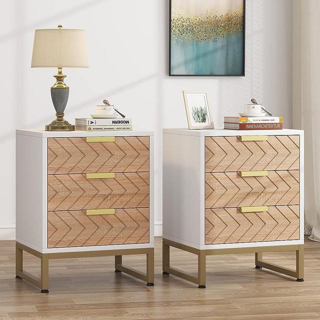 Tribesigns Nightstand Set of 2, Modern 3 Drawers Bedside Table with Unique Zig Zag Design, White Gold Side End Table Set of 2 for Bedroom Living Room