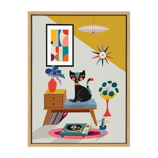 Kate and Laurel Sylvie Record Player Framed Canvas Wall Art by Rachel Lee of My Dream Wall; 18x24 Natural; Decorative Colorful Boho Art Print for Wall