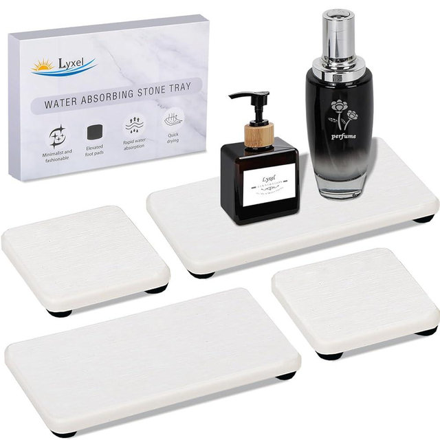 4PCS Water Absorbing Stone Tray for Sink, Fast Drying Stone Sink Tray, Water Absorbent Diatomite Tray, Stone Soap Tray, Diatomaceous Coaster, Stone Drying Trays for Bathroom Sink and Kitchen Counter