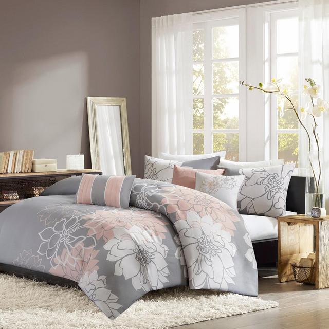 6pc Queen Jane Floral Duvet Cover Set Gray/Blush - Madison Park