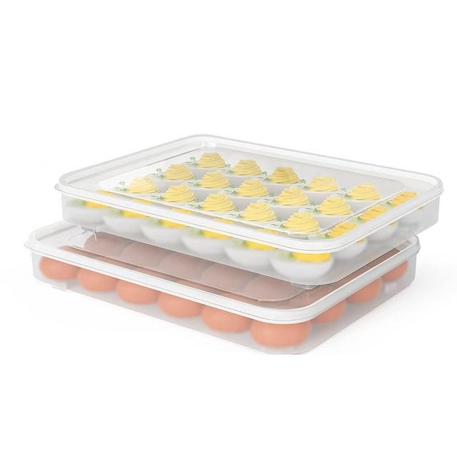 77L Deviled Egg Containers with Lid, (Set of 2), Plastic Egg Holder for Refrigerator for 48 Eggs, Clear Storage Deviled Egg Tray Carrier, Fridge Stackable Countertop Portable Egg Dispenser