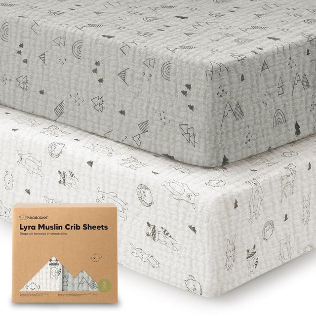 KeaBabies 2-Pack Muslin Crib Sheets for Boys, Girls - 100% Organic Cotton Fitted Baby Crib Mattress Sheet, Soft Breathable Standard Toddler Bed Cover Bedding Set, Neutral, Durable 52x28 (Woodland)