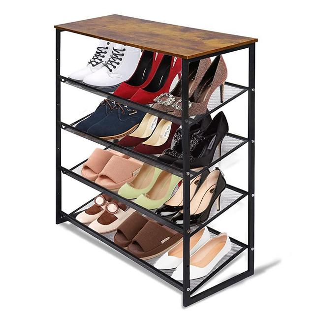 Garden 4 you 5-Tier Tilting Adjustable Freestanding Shoe Rack 12-Pairs 31.5 in Length for Durability and Stability for Entryways, Hallways, Closets, Dormitory Rooms, and Industries，Brown