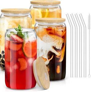 sungwoo 4PCS Glass Cups with Bamboo Lids and Straws, 16OZ Ice Coffee Cup, Drinking Cup set with Wooden Lids, Home Essential Glass Tumblers for Beer, Cocktail, Tea and Latte Clear