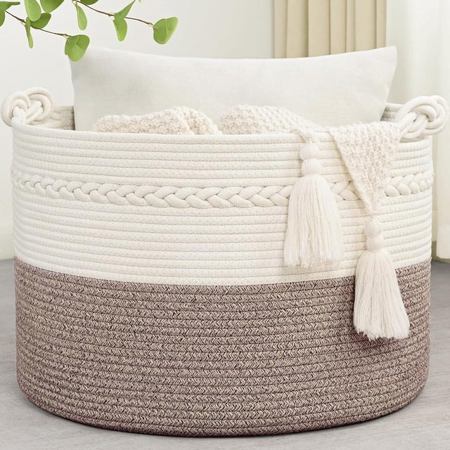 Degeyoyo 67L Large Blanket Basket, 20"x13" Woven Storage Baskets With Handle, Cotton Rope Blanket Basket Living Room, Baby Laundry hamper for Blanket, Nursery, Toy, Pillow (White & Oatmeal)