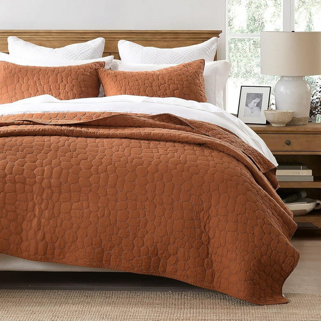 HORIMOTE HOME 100% Cotton Quilt Set King Size, Burnt Orange Pre-Washed Bedspreads Coverlet Set with Cobblestone Pattern, Cozy Lightweight Stitching Decorative Bedding Cover for All Season