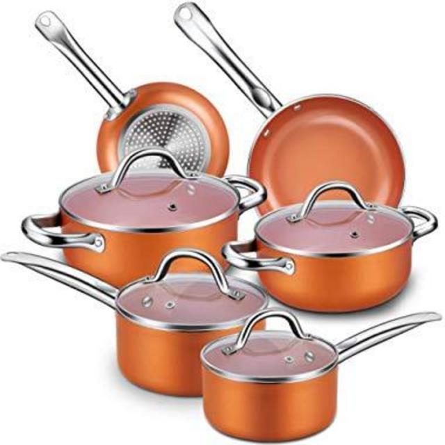 Nonstick Cookware Set, CUSINAID 10-Piece Aluminum Cookware Sets Pots and Pans Set, Fry Pan, Sauce Pan, Stock Pot with Glass Lids for Stovetops/Induction Cooktops, Dishwasher/Oven Safe(Copper)