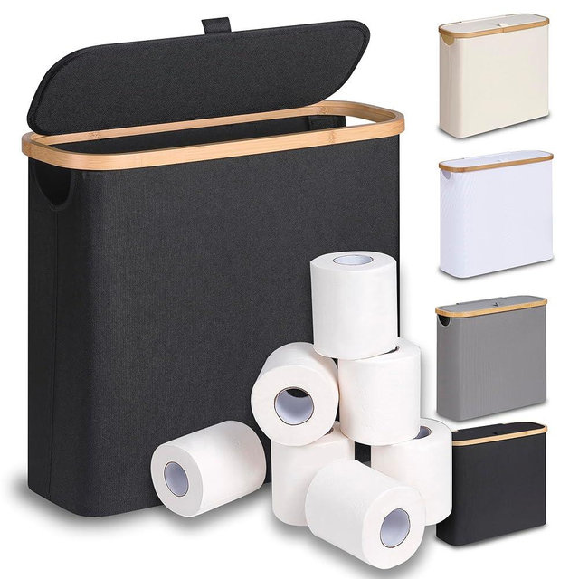 efluky Toilet Paper Basket 28L, Toilet Paper Holder with Lid for Bathroom, Free Standing Storage Organizer Holds Up to 9-12 Rolls (Black, 1)