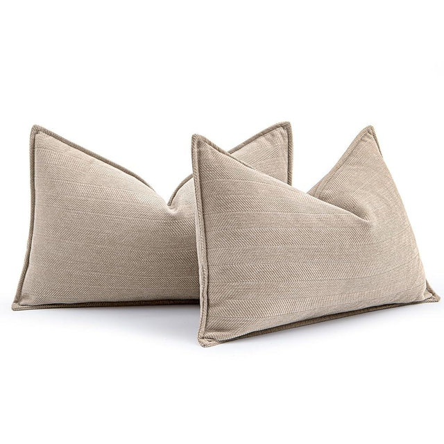 MIULEE Pack of 2 Beige Decorative Lumbar Pillow Covers 12x20 Inch Soft Chenille Luxurious Couch Throw Pillows Farmhouse Cushion Covers with Elegant Design for Sofa Bedroom Living Room Spring Decor