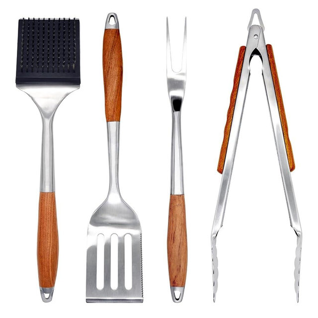 Amestar BBQ Grilling Accessories, Outdoor Grill Set with Spatula, Fork, Brush & Tongs, Stainless Steel Grilling Tools with Non-Slip Wooden Handle, for Blackstone Griddle Accessories