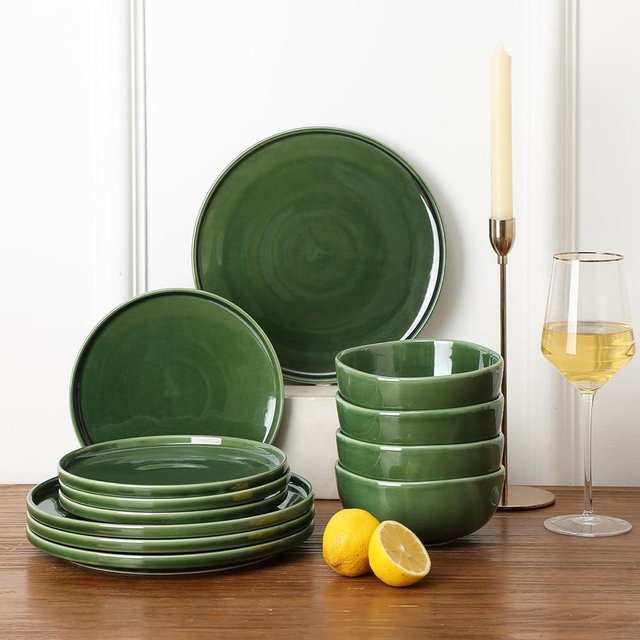 Vicrays Ceramic 12 Pieces Dinnerware Set - Dinner Plates Salad Plates Cereal Bowls Set Service for 4 - Scratch Resistant Microwave Oven Dishwasher Safe - Green