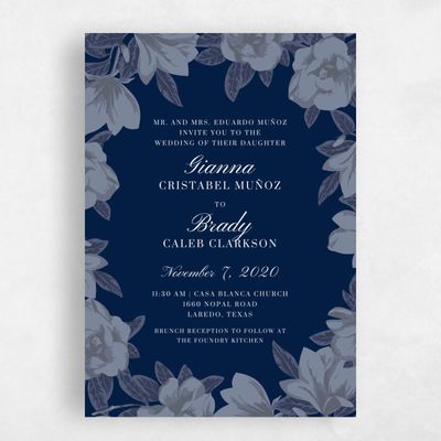 Blue Floral Wedding Invitation - Indigo Border
