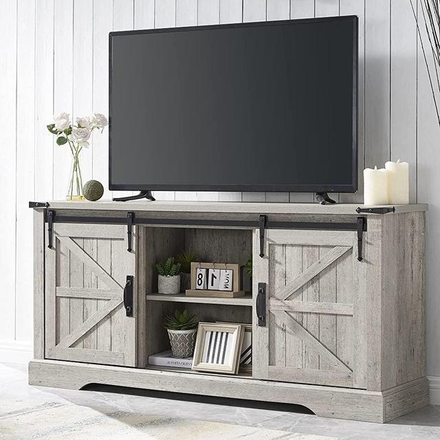 OKD Farmhouse TV Stand for 65 Inch TVs, Modern Rustic Entertainment Center with Sliding Barn Door, Wood Media Console Cabinet with Adjustable Shelf for Living Room, Light Rustic Oak