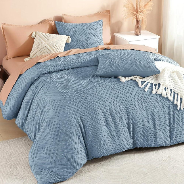Litanika California King Comforter Set Grayish Blue, 3 Pieces Tufted Boho Farmhouse Bedding Comforter Sets, Lightweight Fluffy Comforter Bed Set All Season (104x96In Comforter & 2 Pillowcases)