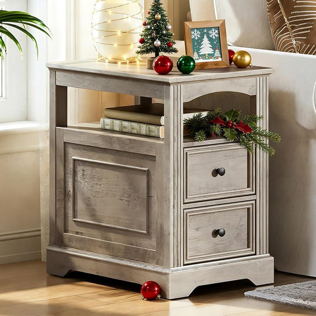 RALGEND Farmhouse End Table with 2 Drawers, Narrow Sofa Side Table with Storage and Open Shelf, Wooden Nightstand for Small Spaces, Bedroom, Living Room, Greige