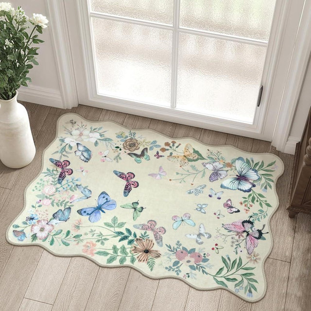 Rugalia Washable Butterfly Entryway Rug, 2x3 Soft Non-Slip Boho Indoor Door Mat Ultra Thin Small Kitchen Rug, Beige Modern Botanical Floral Scalloped Throw Mat for Bathroom Entrance Bedroom