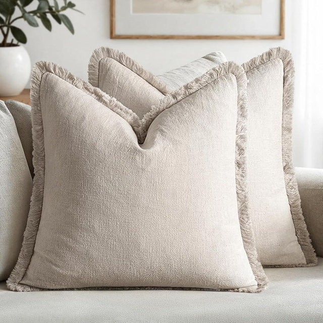 MIULEE Decorative Throw Pillow Covers Neutral Linen Fringe Throw Pillows Set of 2 Natural Beige Boho Farmhouse Cushion Covers with Tassels for Couch Sofa Bed Living Room Spring Decor 16x16 Inch