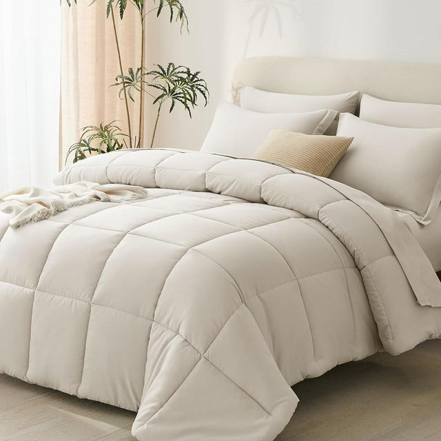 CozyLux Beige Comforter Set Queen 7 Pieces Beige Queen Comforter Set Cream Off White Bedding Sets for All Season with Comforter, Flat Sheets, Fitted Sheet, Pillowcases & Shams