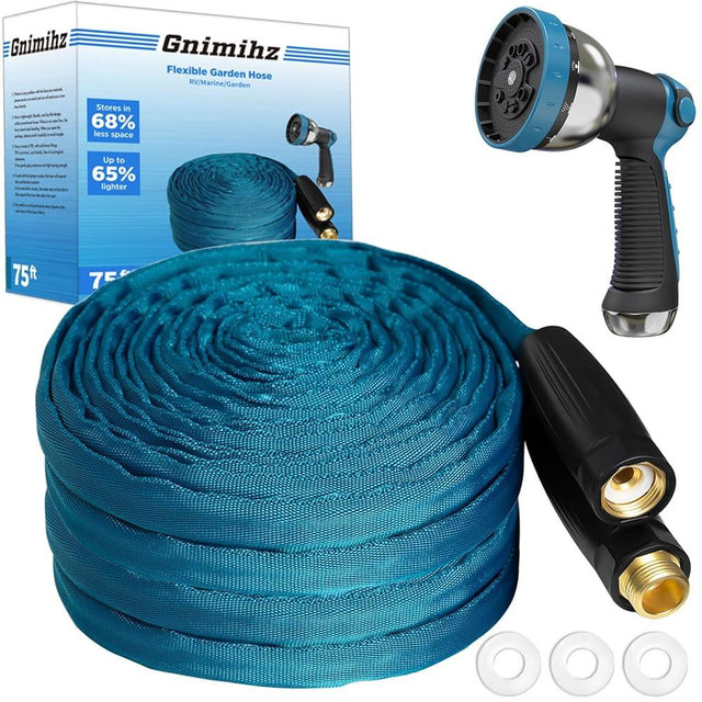 Gnimihz Garden Hose 75ft, Made of TPE(Not PVC), Ultra-Light & Flexible Water Hose with Solid Brass Fittings, Non-Shrinking, Easy to Storage, Drinking Water Safe Material, All-weather, SeaBlue